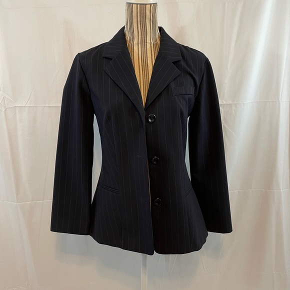 Vintage 90s pin stripe 2 pc suit set jacket & pants size 7 navy white pinstripes - Picture 3 of 16
